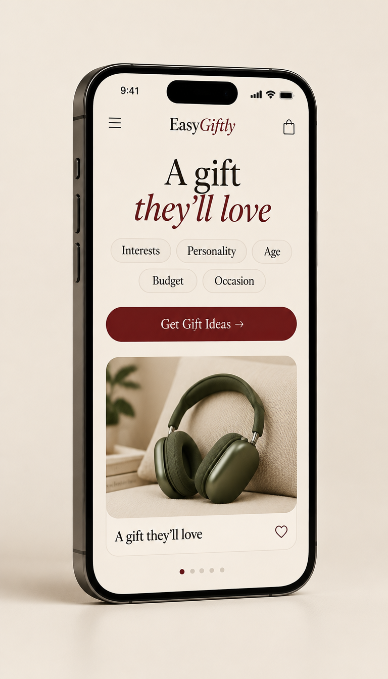 Preview of the planned EasyGiftly gift-finding experience on a phone